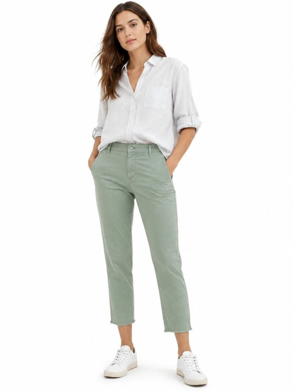 Frank & Eileen Wicklow Crop Pants Sage Green Linen Blend Raw Hem Size 12